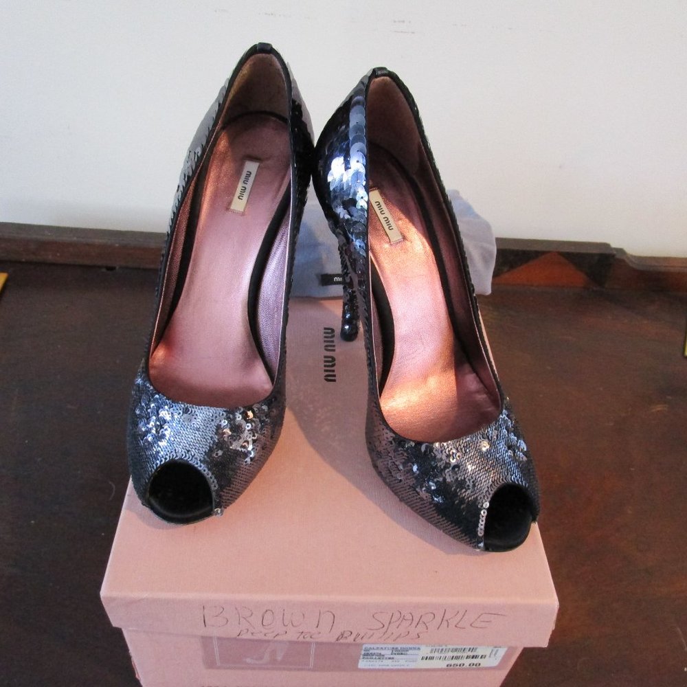 Miu Miu Black Sequin Stiletto Shoes European Size 38.5